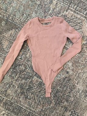 Ribbed Open Back Bodysuit Size L Pink Long Sleeve High Neck Fitted Stretch